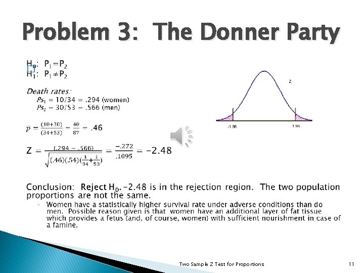 Problem 3: The Donner Party � Two Sample Z Test for Proportions 11 