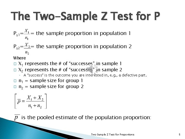 The Two-Sample Z Test for P Ps 1= = the sample proportion in population