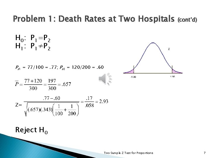 Problem 1: Death Rates at Two Hospitals (cont’d) H 0: P 1=P 2 H
