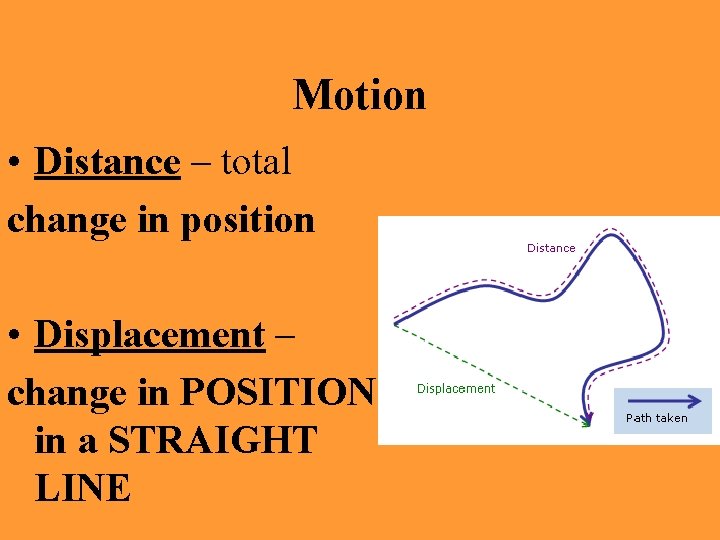 Motion • Distance – total change in position • Displacement – change in POSITION