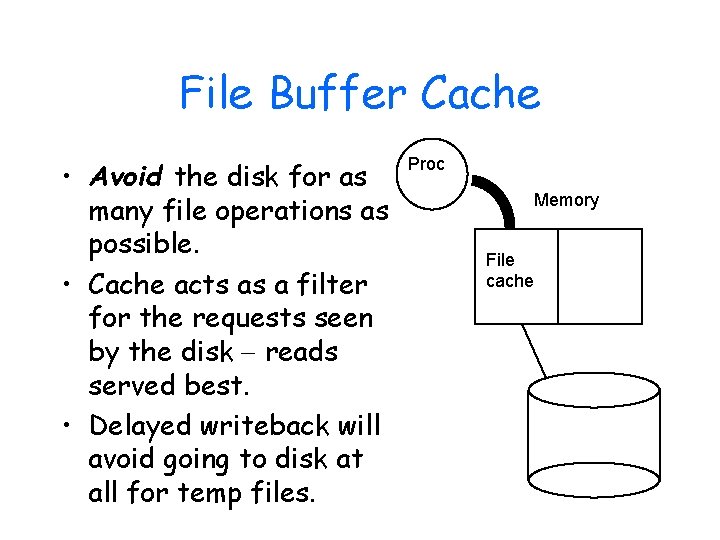 File Buffer Cache • Avoid the disk for as many file operations as possible.