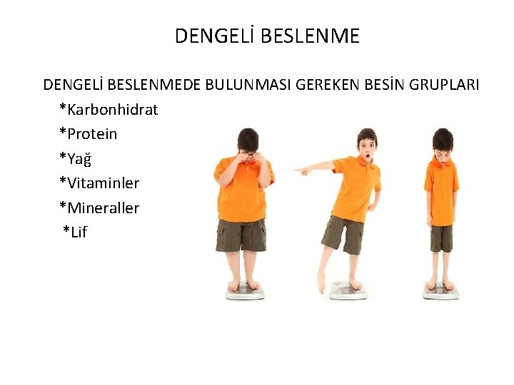 DENGELİ BESLENMEDE BULUNMASI GEREKEN BESİN GRUPLARI *Karbonhidrat *Protein *Yağ *Vitaminler *Mineraller *Lif 