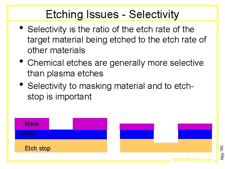 Etching Issues - Selectivity • Selectivity is the ratio of the etch rate of