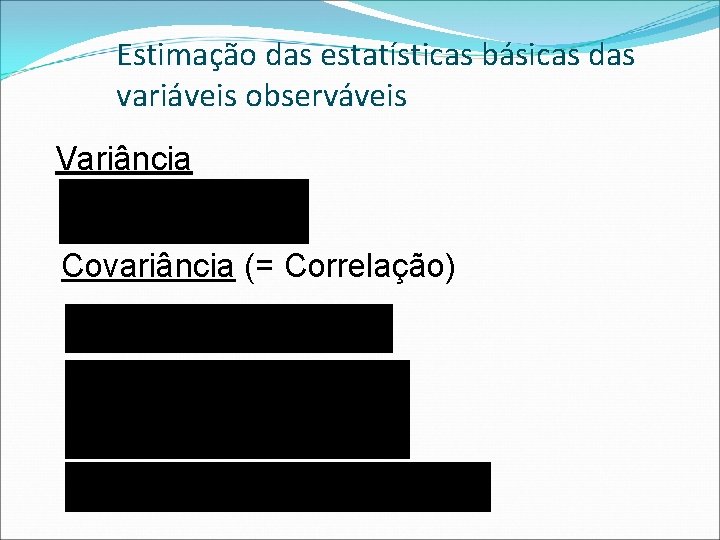 Estimação das estatísticas básicas das variáveis observáveis Variância Covariância (= Correlação). 