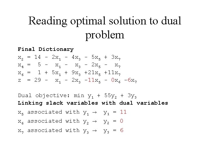Reading optimal solution to dual problem Final Dictionary x 2 = 14 - 2