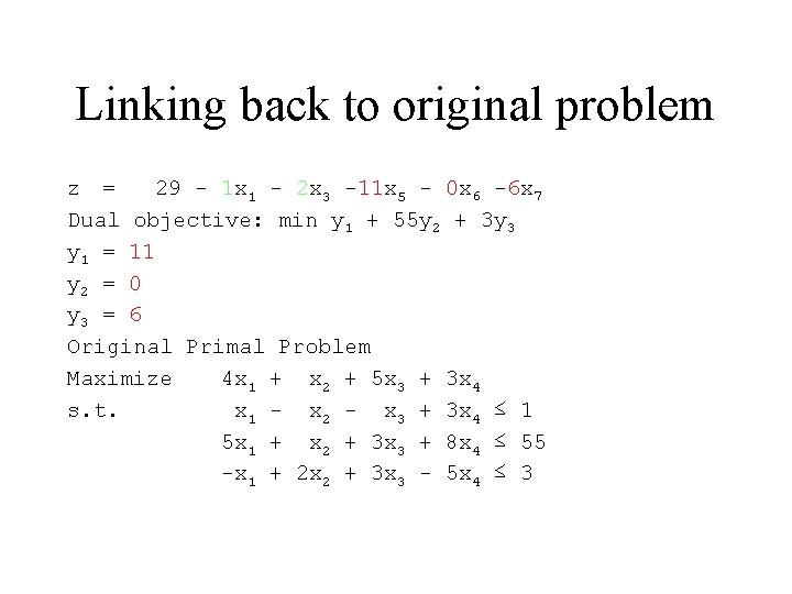 Linking back to original problem z = 29 - 1 x 1 - 2