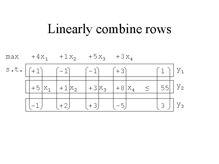 Linearly combine rows max +4 x 1 +1 x 2 +5 x 3 +3