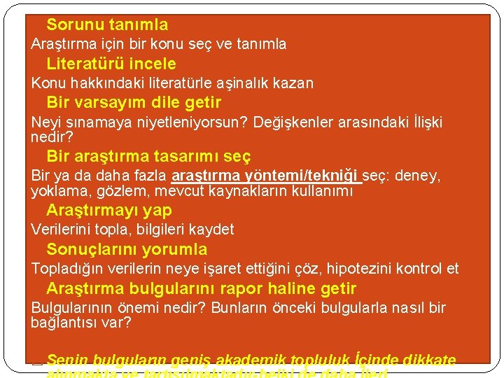 � Sorunu tanımla Araştırma için bir konu seç ve tanımla � Literatürü incele Konu