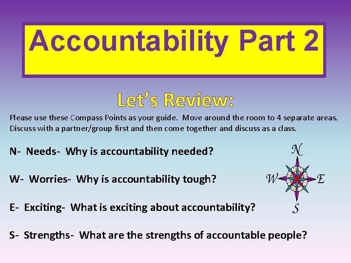 Accountability Part 2 Let’s Review: Please use these Compass Points as your guide. Move