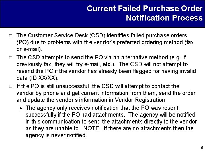 Current Failed Purchase Order Notification Process q q q The Customer Service Desk (CSD)