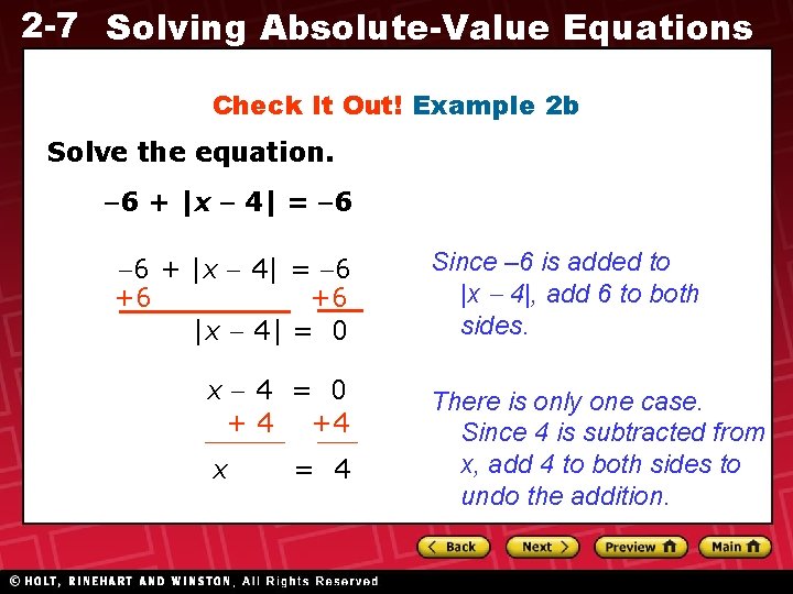 2 -7 Solving Absolute-Value Equations Check It Out! Example 2 b Solve the equation.