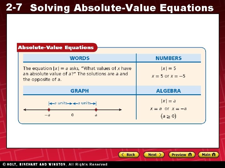 2 -7 Solving Absolute-Value Equations 