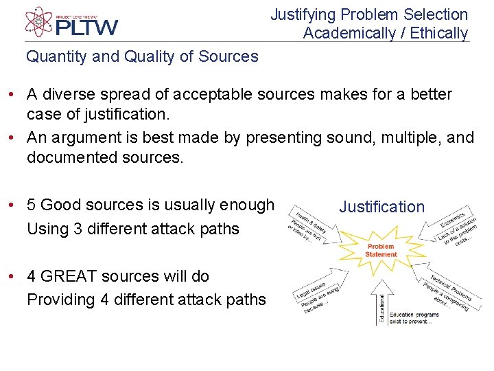 Justifying Problem Selection Academically / Ethically Quantity and Quality of Sources • A diverse