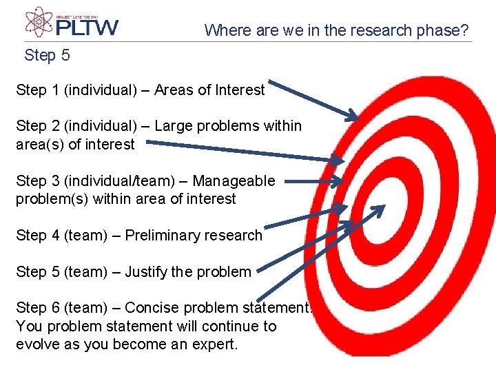 Where are we in the research phase? Step 5 Step 1 (individual) – Areas