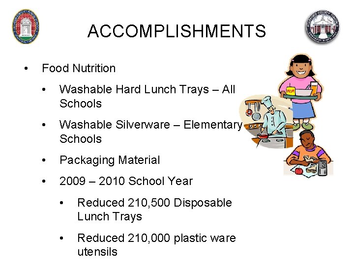 ACCOMPLISHMENTS • Food Nutrition • Washable Hard Lunch Trays – All Schools • Washable