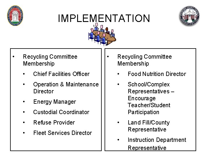 IMPLEMENTATION • Recycling Committee Membership • Chief Facilities Officer • Food Nutrition Director •