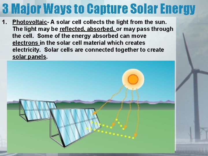 3 Major Ways to Capture Solar Energy 1. Photovoltaic- A solar cell collects the