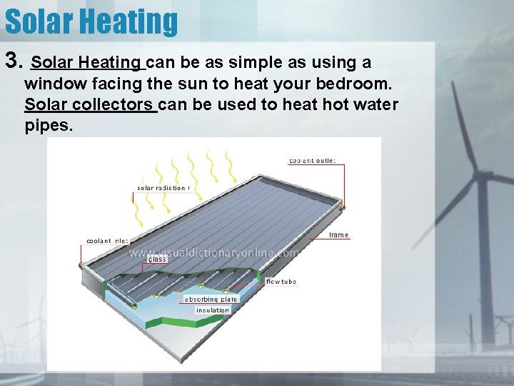 Solar Heating 3. Solar Heating can be as simple as using a window facing