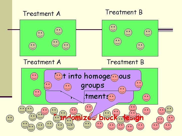 Treatment A Treatment B Put into homogeneous Randomly assign groups experimental units to treatments