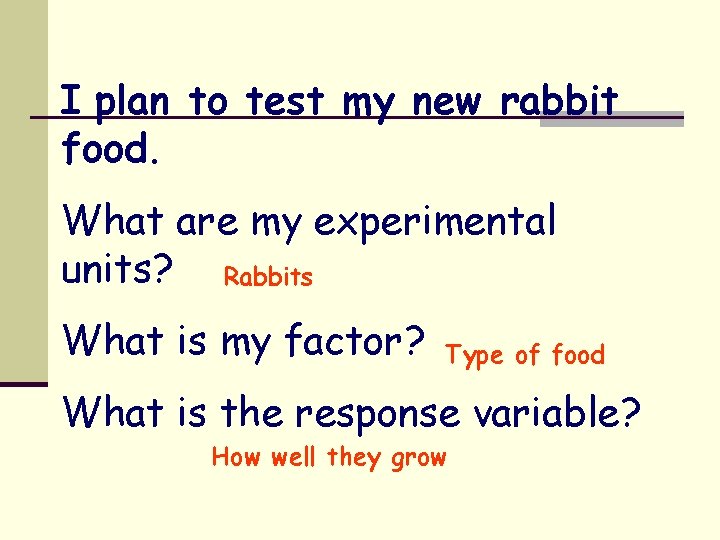 I plan to test my new rabbit food. What are my experimental units? Rabbits