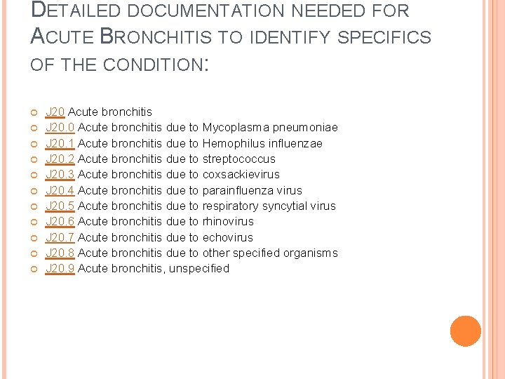 DETAILED DOCUMENTATION NEEDED FOR ACUTE BRONCHITIS TO IDENTIFY SPECIFICS OF THE CONDITION: J 20
