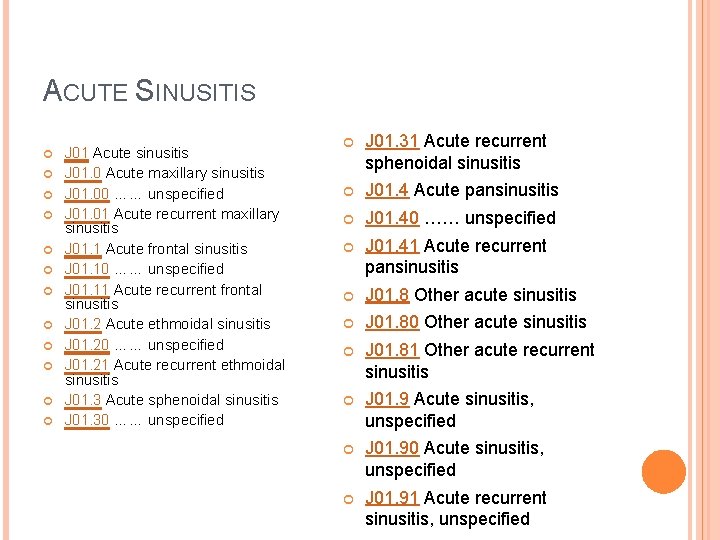 ACUTE SINUSITIS J 01 Acute sinusitis J 01. 0 Acute maxillary sinusitis J 01.