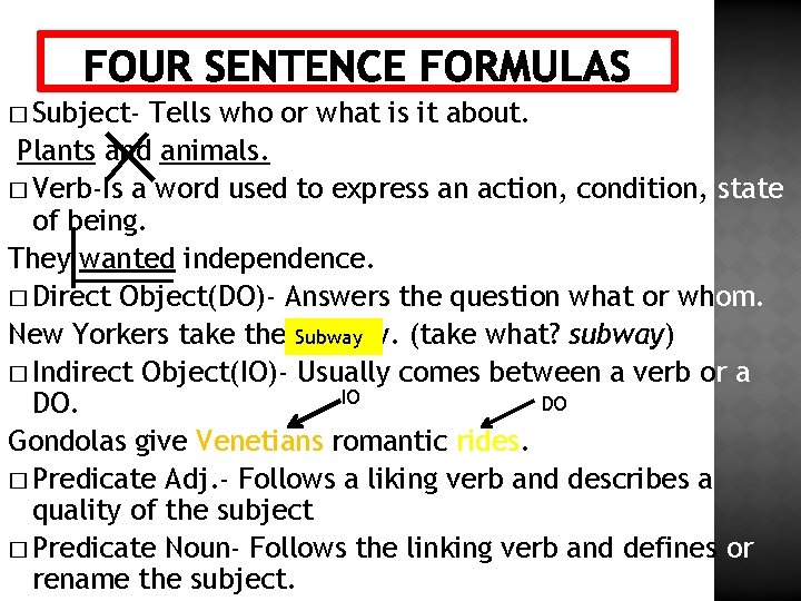 � Subject- Tells who or what is it about. Plants and animals. � Verb-Is