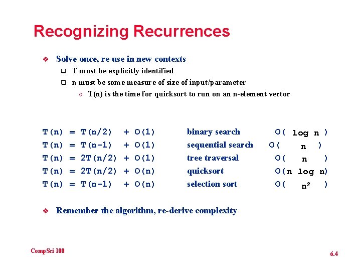 Recognizing Recurrences v Solve once, re-use in new contexts q q T(n) T(n) v