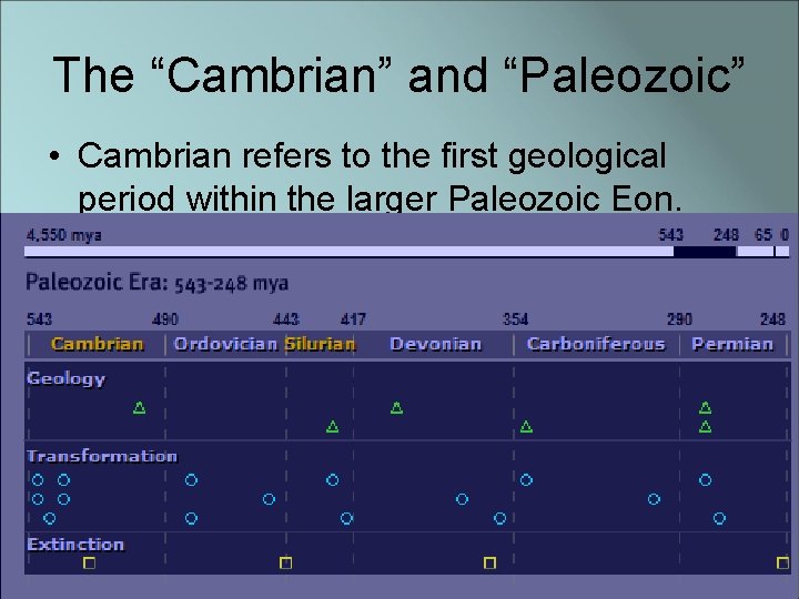 The “Cambrian” and “Paleozoic” • Cambrian refers to the first geological period within the
