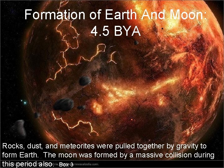 Formation of Earth And Moon: 4. 5 BYA Rocks, dust, and meteorites were pulled