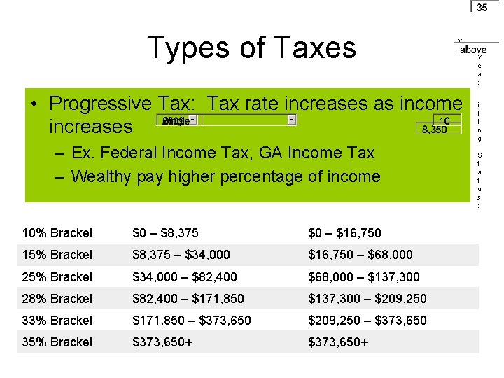 Types of Taxes x Y e a : • Progressive Tax: Tax rate increases