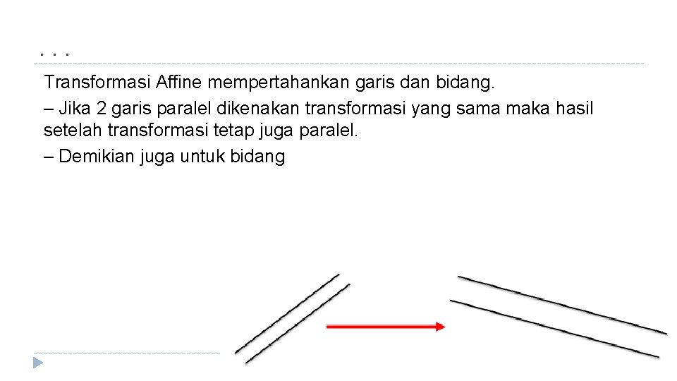 . . . Transformasi Affine mempertahankan garis dan bidang. – Jika 2 garis paralel
