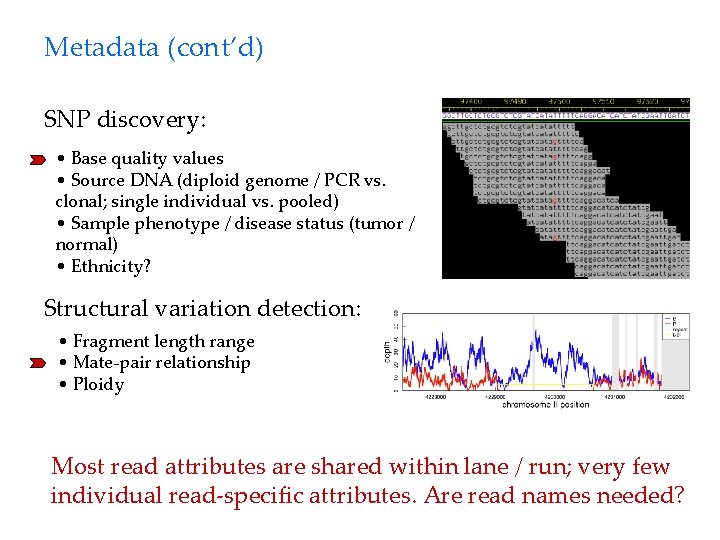 Metadata (cont’d) SNP discovery: • Base quality values • Source DNA (diploid genome /