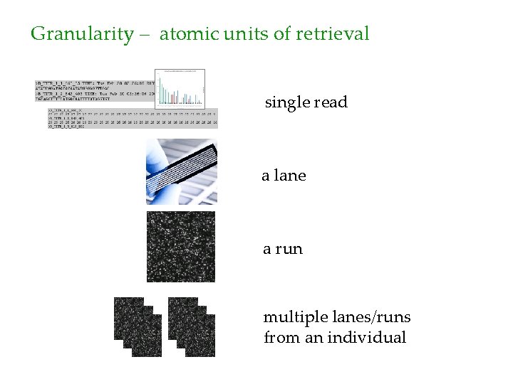 Granularity – atomic units of retrieval single read a lane a run multiple lanes/runs