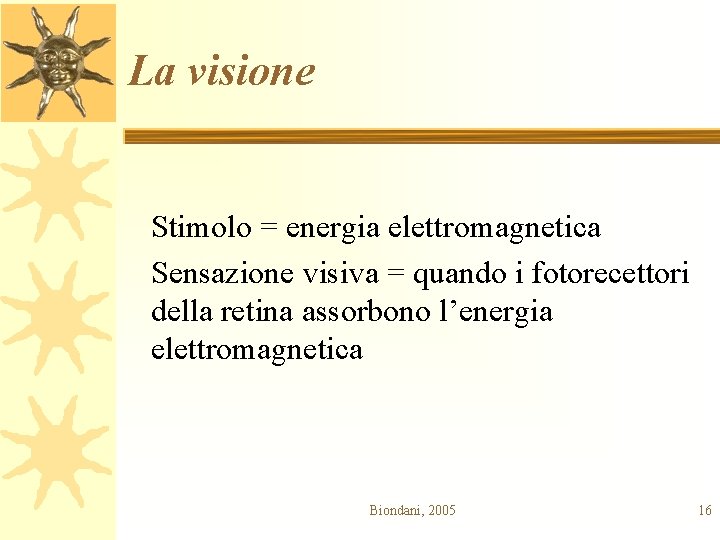 La visione Stimolo = energia elettromagnetica Sensazione visiva = quando i fotorecettori della retina