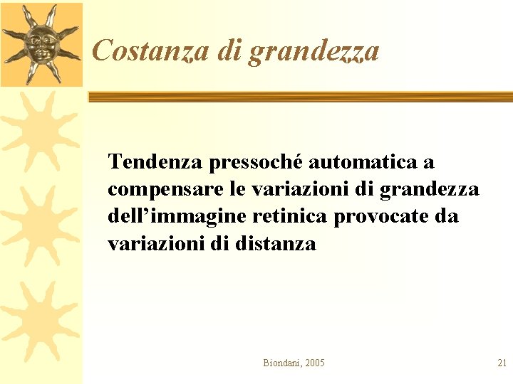 Costanza di grandezza Tendenza pressoché automatica a compensare le variazioni di grandezza dell’immagine retinica