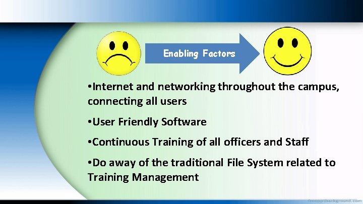 Enabling Factors • Internet and networking throughout the campus, connecting all users • User