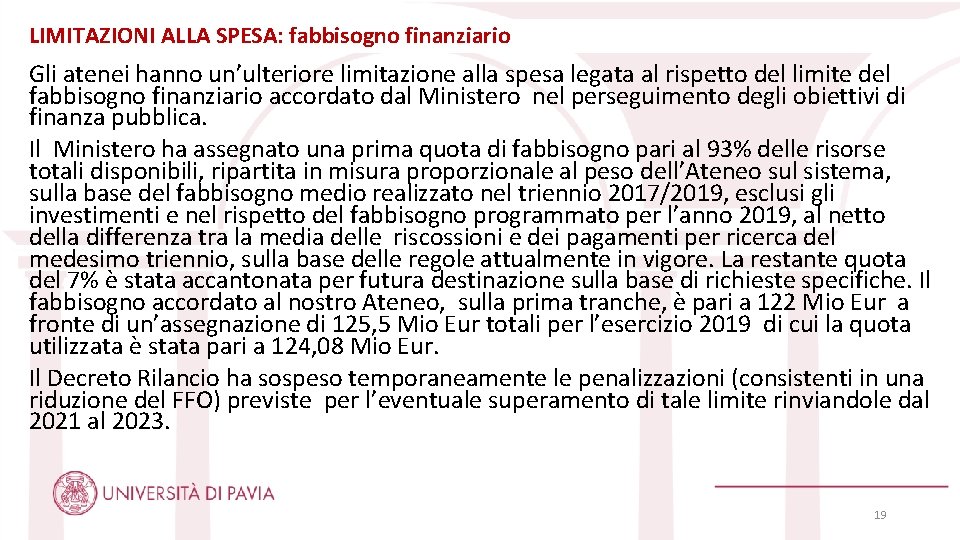 LIMITAZIONI ALLA SPESA: fabbisogno finanziario Gli atenei hanno un’ulteriore limitazione alla spesa legata al