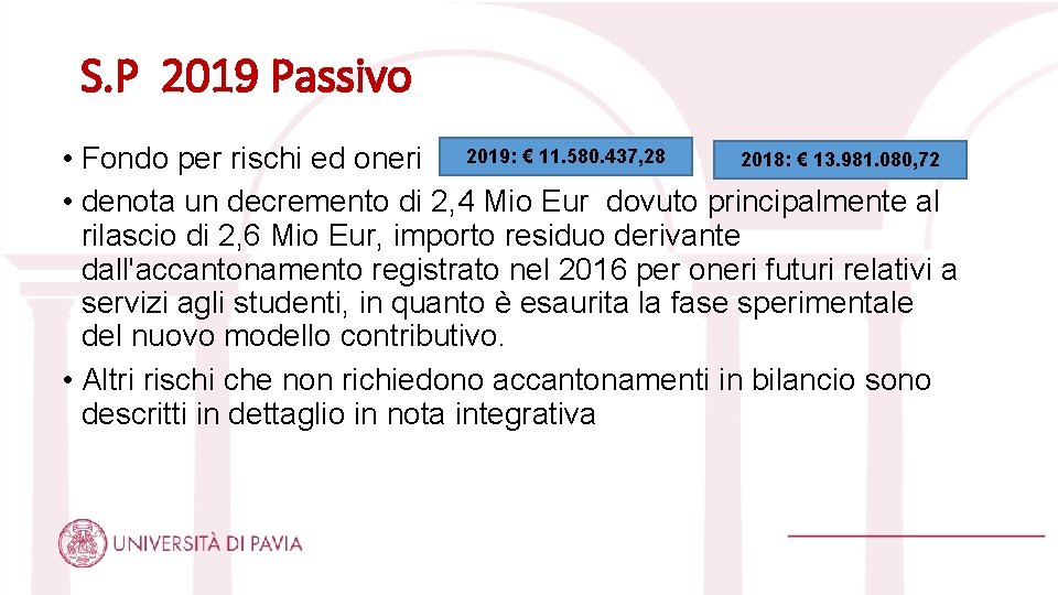 S. P 2019 Passivo 2018: € 13. 981. 080, 72 • Fondo per rischi