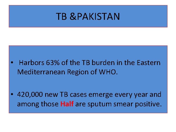 TB &PAKISTAN • Harbors 63% of the TB burden in the Eastern Mediterranean Region