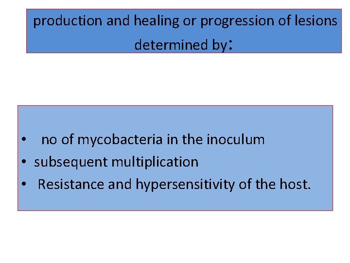 production and healing or progression of lesions determined by: • no of mycobacteria in