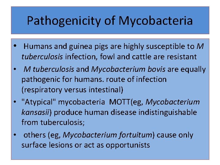 Pathogenicity of Mycobacteria • Humans and guinea pigs are highly susceptible to M tuberculosis