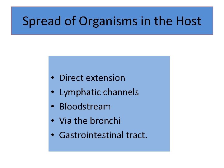 Spread of Organisms in the Host • • • Direct extension Lymphatic channels Bloodstream