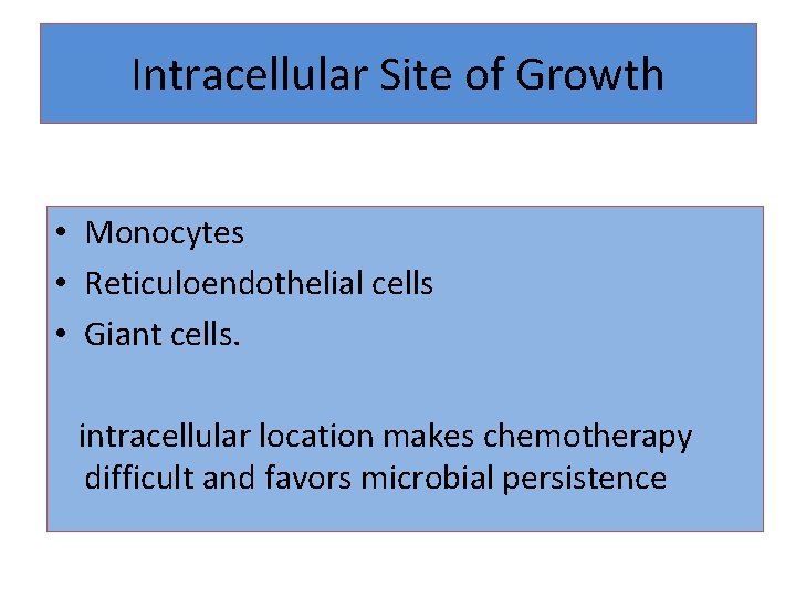 Intracellular Site of Growth • Monocytes • Reticuloendothelial cells • Giant cells. intracellular location