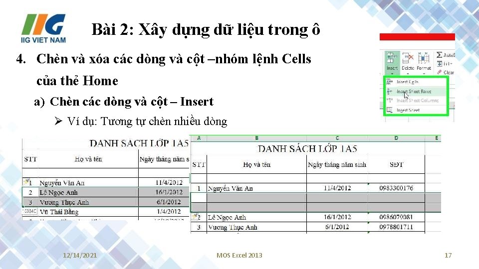 Bài 2: Xây dựng dữ liệu trong ô 4. Chèn và xóa các dòng