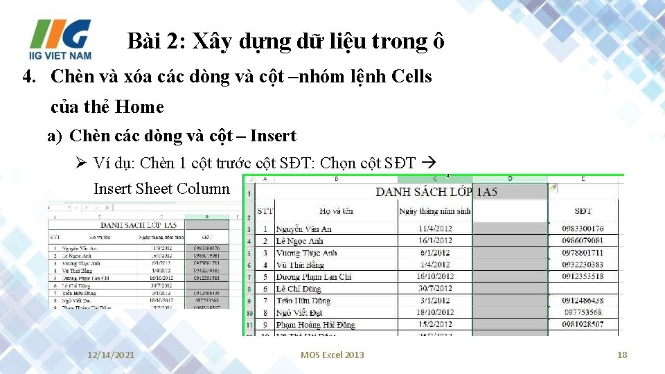 Bài 2: Xây dựng dữ liệu trong ô 4. Chèn và xóa các dòng