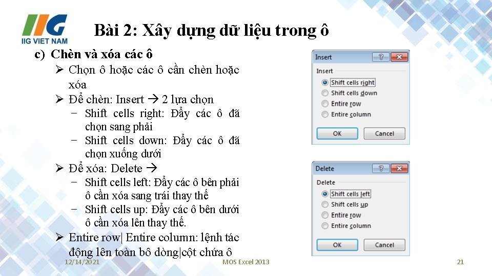 Bài 2: Xây dựng dữ liệu trong ô c) Chèn và xóa các ô