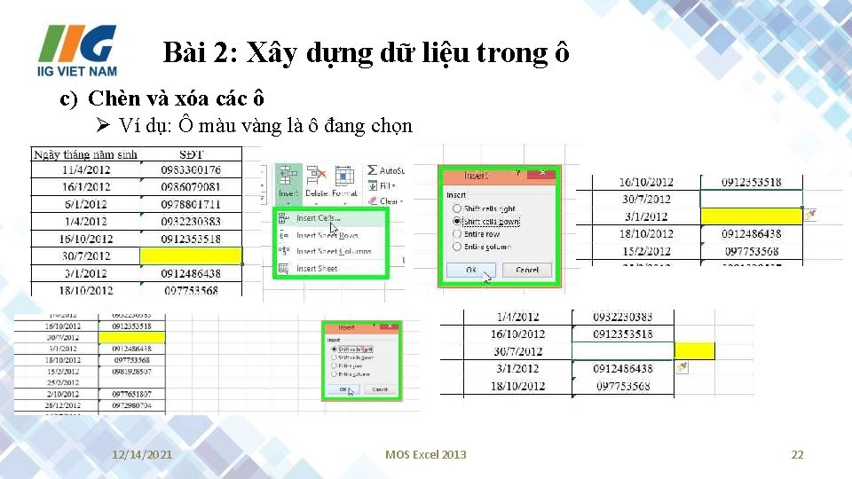 Bài 2: Xây dựng dữ liệu trong ô c) Chèn và xóa các ô