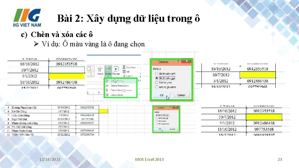 Bài 2: Xây dựng dữ liệu trong ô c) Chèn và xóa các ô