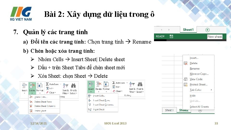 Bài 2: Xây dựng dữ liệu trong ô 7. Quản lý các trang tính